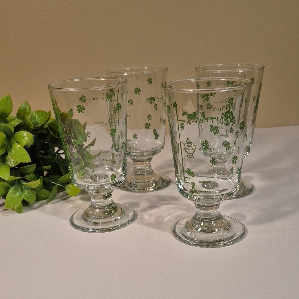LIBBEY Vintage MCM Unique Recipe Shamrock Irish Coffee Footed Glasses, Set of 4